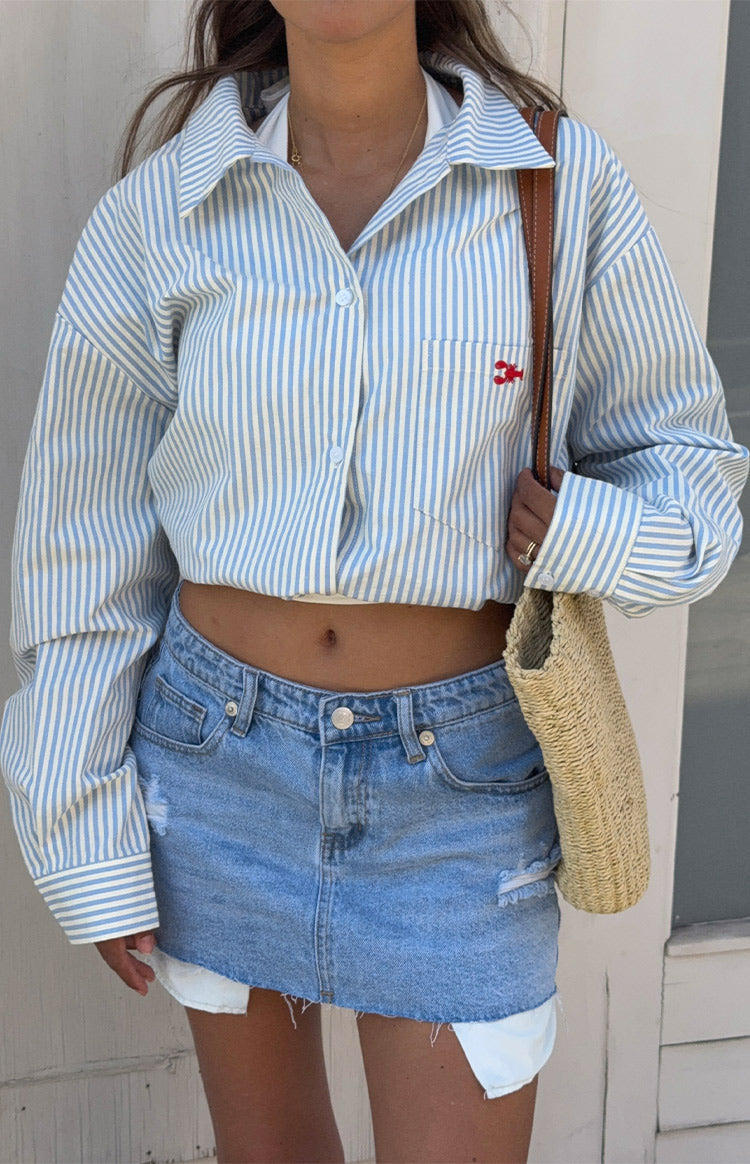 Lola Blue Stripe Embroidered Button Up Shirt Image