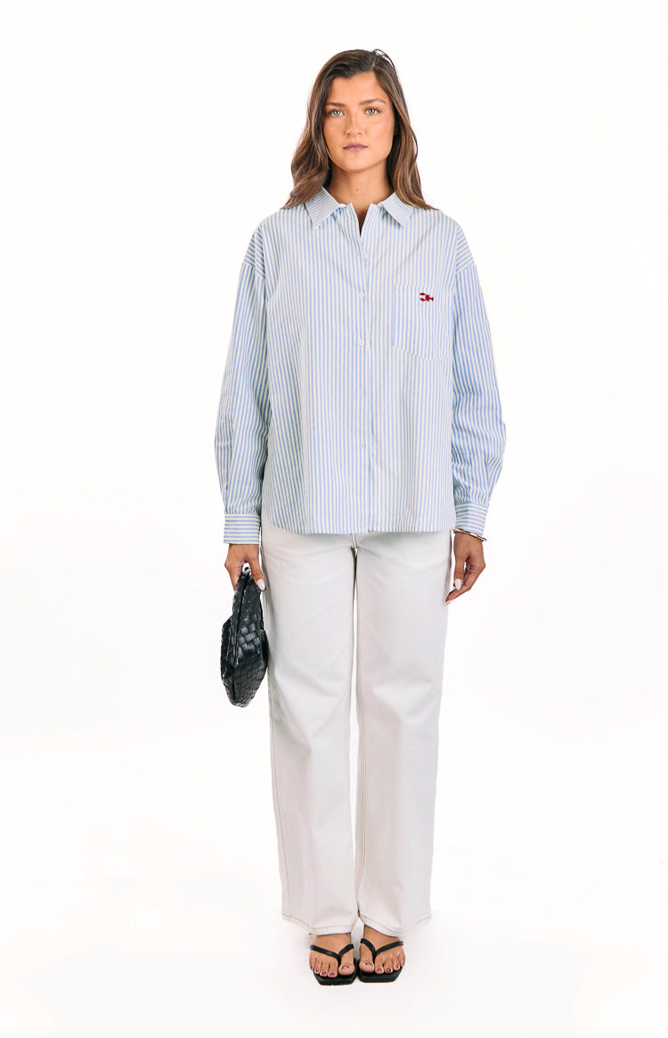 Lola Blue Stripe Embroidered Button Up Shirt Image