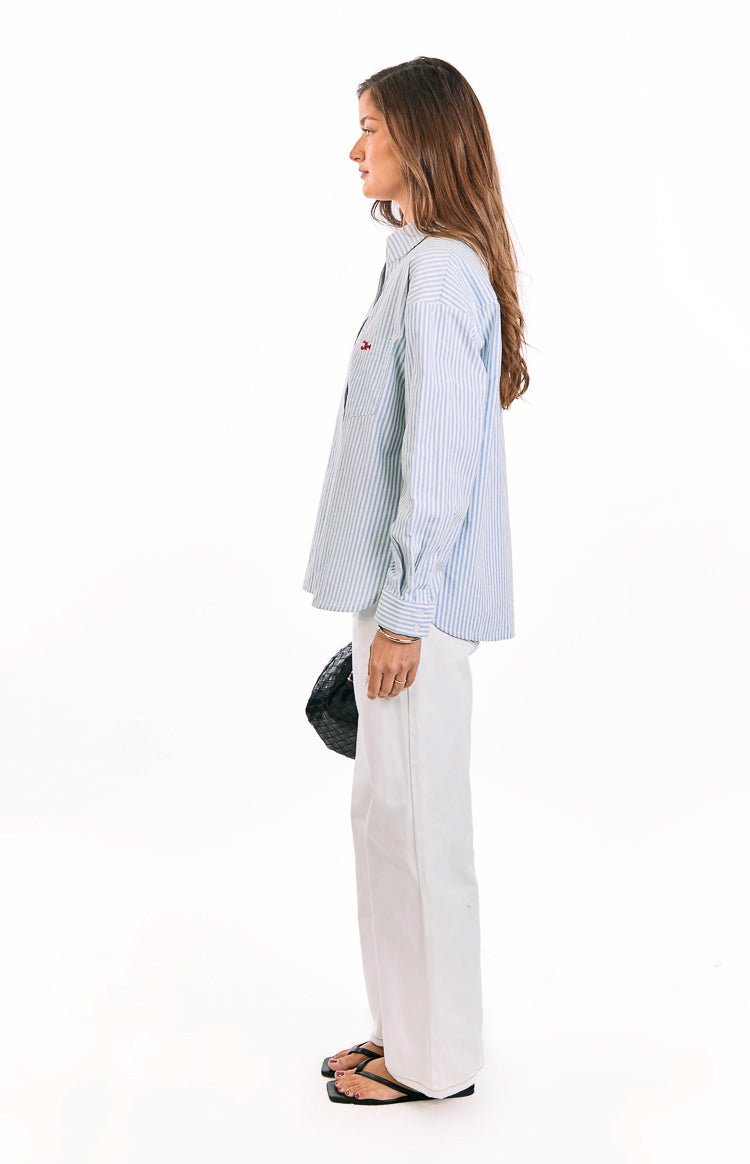 Lola Blue Stripe Embroidered Button Up Shirt Image