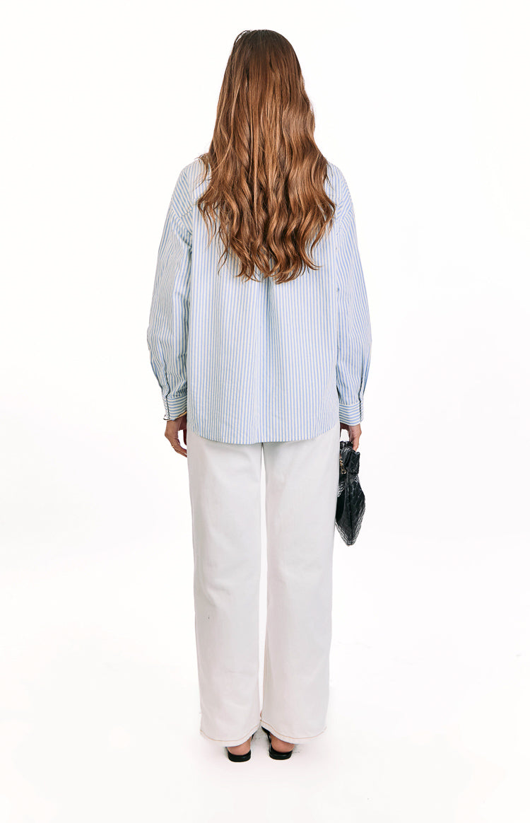 Lola Blue Stripe Embroidered Button Up Shirt Image