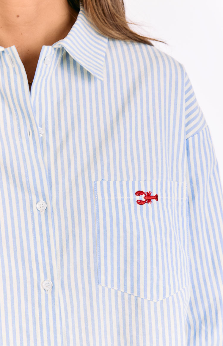 Lola Blue Stripe Embroidered Button Up Shirt Image