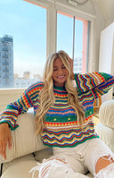 Multi-colour striped Long Weekend Sweater with open knit zigzag and heart patterns, green ribbed crew neck