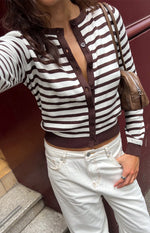 Lottie Chocolate Stripe Round Neck Cardigan