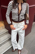 Fitted chocolate stripe round neck cardigan with button-front, long sleeves, and ribbed cuffs and hem