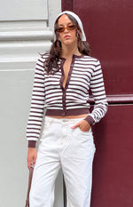 Chocolate and white horizontal stripe round neck cardigan, partially unbuttoned, with long sleeves and a cropped ribbed hem