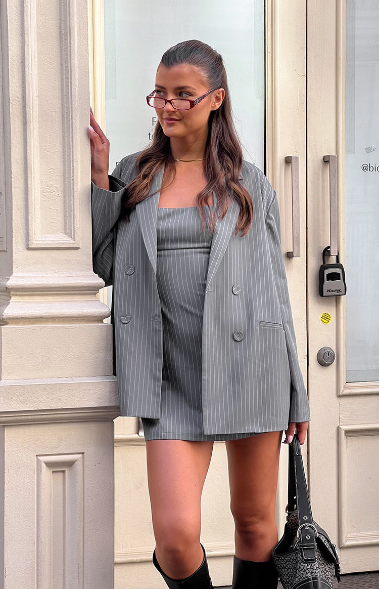grey blazer dress Balloon Sleeve Button Front Wool Look In | EGO US And its also available in Navy Blue Wool Mix Tailored Blazer Dress