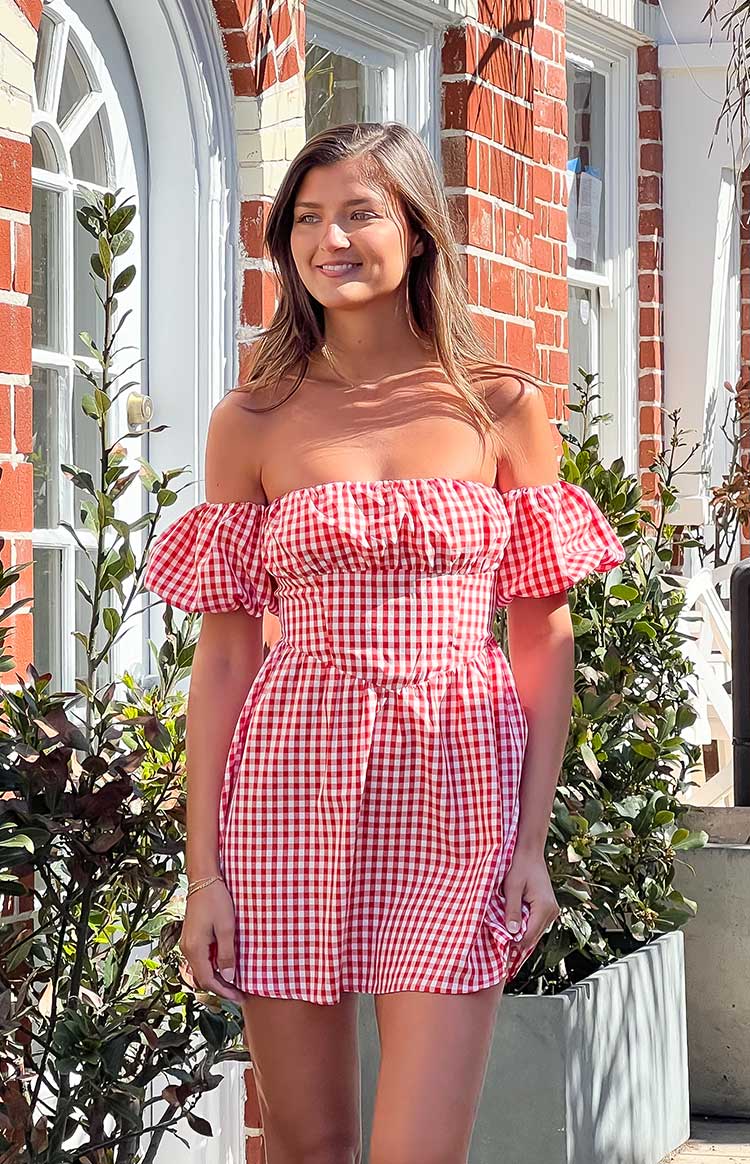 Love Lost Off The Shoulder Red Gingham Mini Dress - US 6