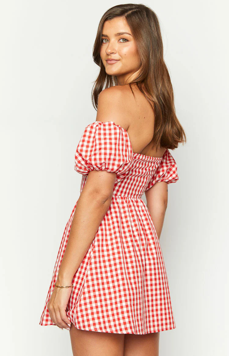 red gingham off the shoulder dress Red Gingham Off-Shoulder Frill Dress