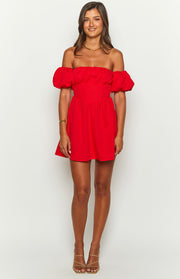 Front view of a red off-the-shoulder mini dress with a ruched bust, puff sleeves, and a fitted corset-style waist