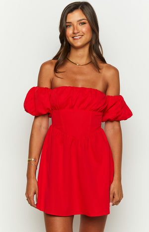 Red off-the-shoulder mini dress with a ruched neckline, short puffed sleeves, and a fitted bodice