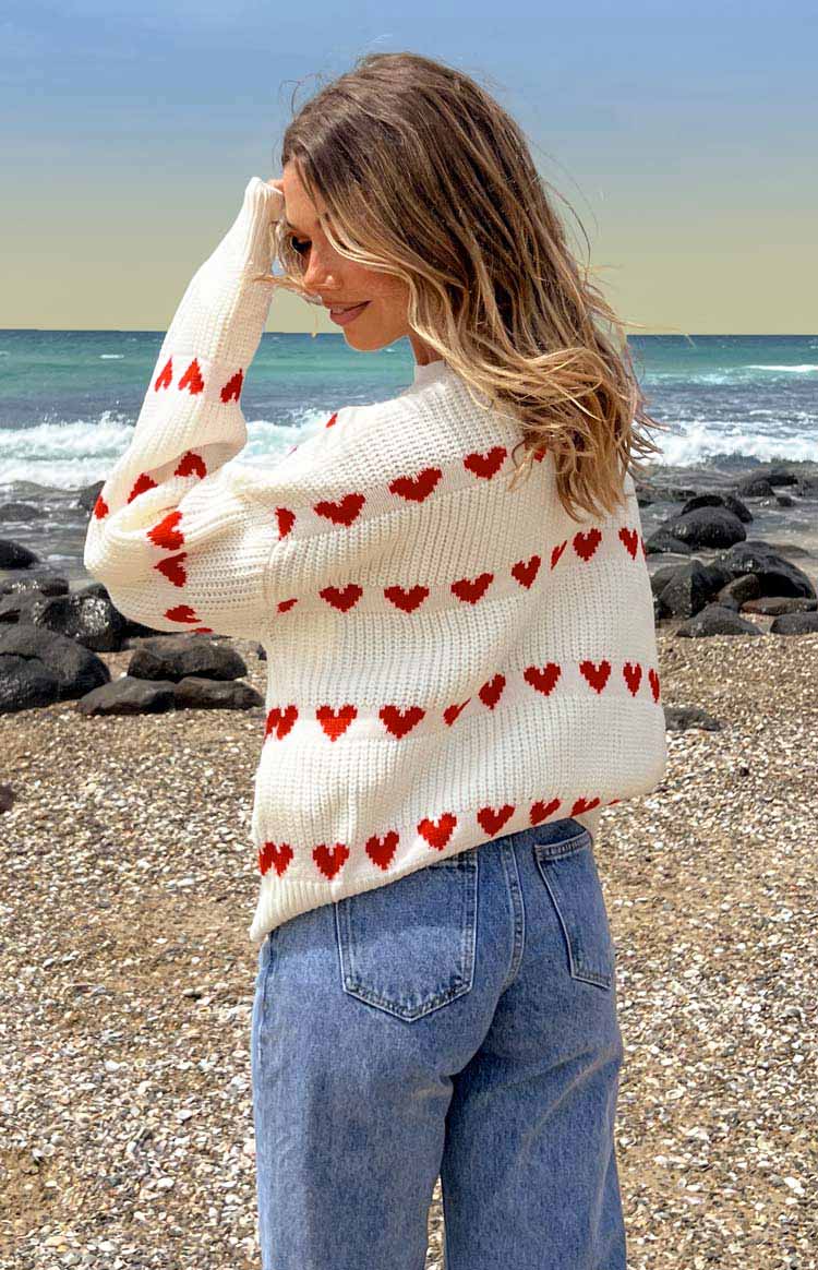 Beginning Boutique Lovey Red Heart Stripe Jumper white knit jumper with red heart stripe pattern and voluminous long sleeves