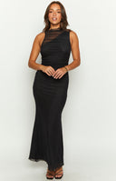Beginning Boutique Luca Black Maxi Dress black bodycon maxi dress with sheer mesh high neck and ruched sides