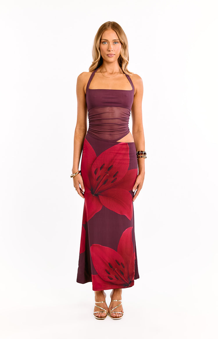 lucinda maxi dress Lucinda Purple Floral Cut Out Maxi Dress - US 8