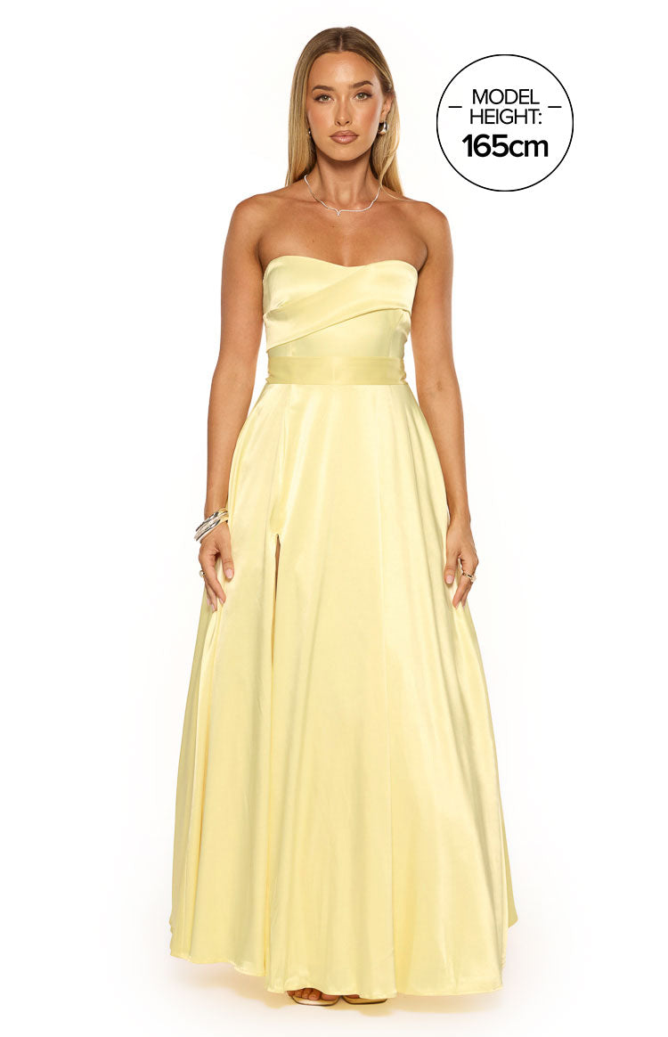 Beginning Boutique Lucy Yellow Strapless Satin Formal Maxi Dress draped bodice wide waistband and high leg split