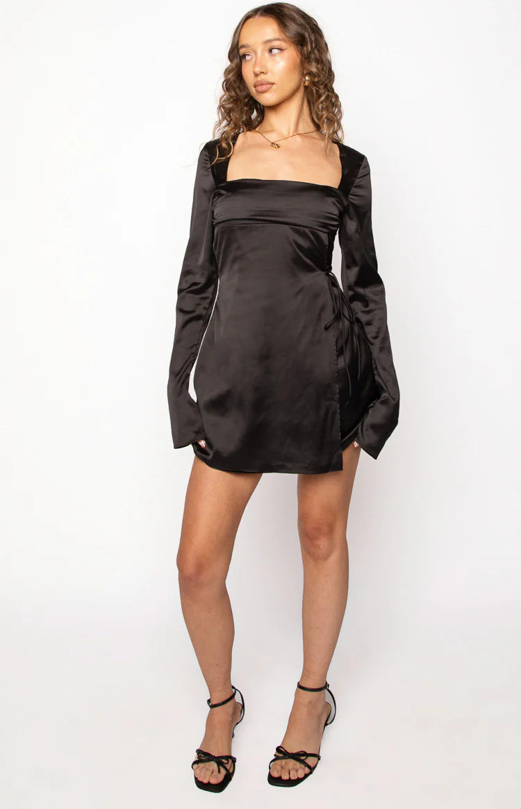 Lucy Black Satin Long Sleeve Mini Dress | Beginning Boutique US Lucy Black Satin Long Sleeve Mini Dress | Beginning Boutique US