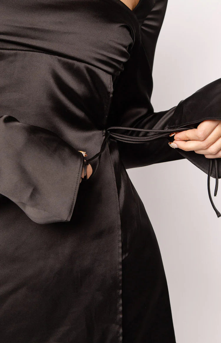Lucy Black Satin Long Sleeve Mini Dress