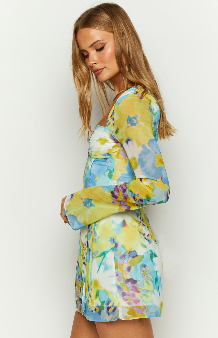 Lucy Blue Floral Long Sleeve Mini Dress Image
