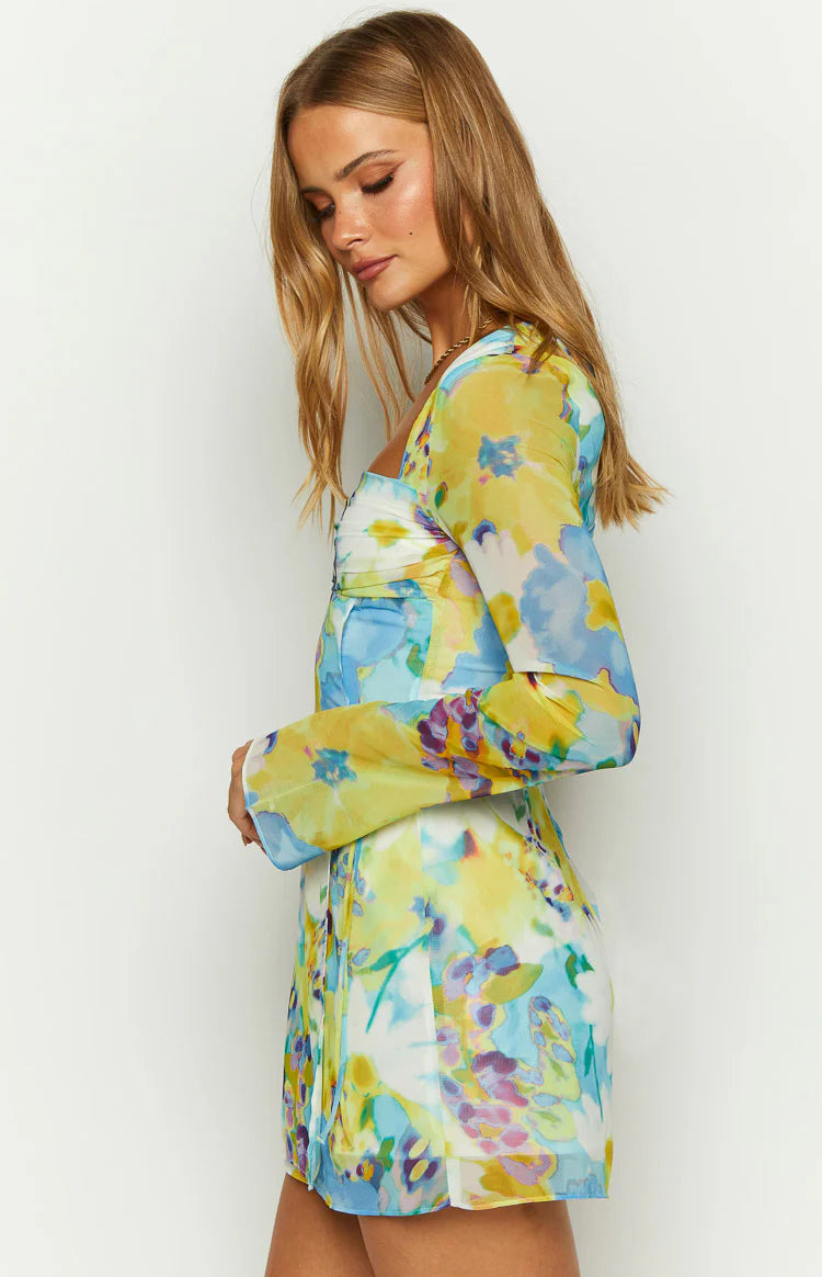 Lucy Blue Floral Long Sleeve Mini Dress | Beginning Boutique US Lucy Blue Floral Long Sleeve Mini Dress | Beginning Boutique US