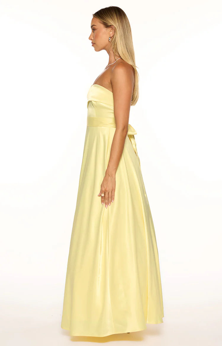 Lucy Yellow Strapless Satin Formal Maxi Dress - US 4 | Beginning Boutique Exclusive Lucy Yellow Strapless Satin Formal Maxi Dress - US 4 | Beginning Boutique Exclusive