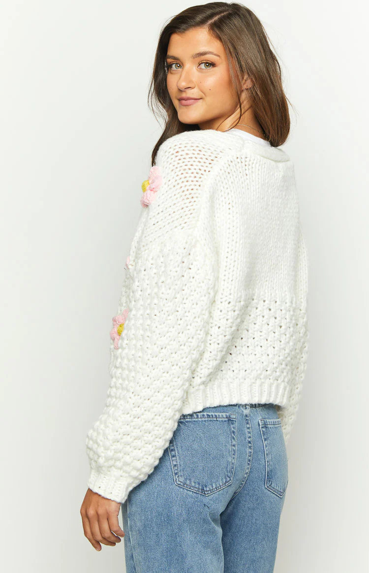 Luella White Flower Knit Cardigan | Beginning Boutique US