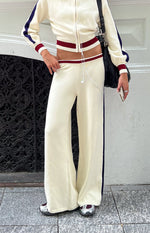 Beginning Boutique Luna Cream Knit Jacquard Track Pants cream wide-leg track pants with ribbed waist and side stripe