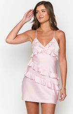 Front view of a pink satin mini dress with a ruffled V-neckline and tiered ruffles on the skirt