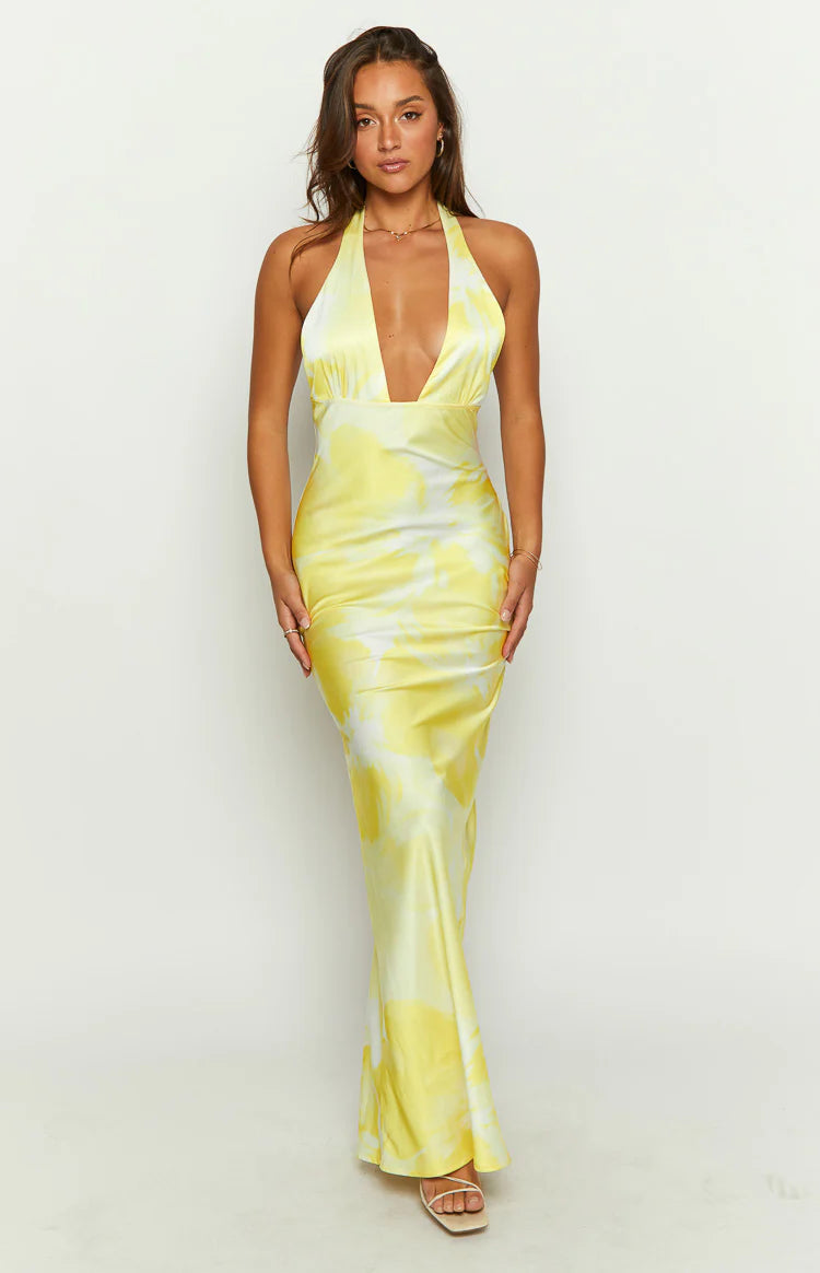 Lyra Yellow Halter Neck Maxi Dress - US 8 | Beginning Boutique Exclusive Lyra Yellow Halter Neck Maxi Dress - US 8 | Beginning Boutique Exclusive