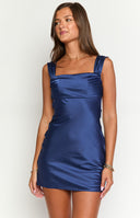 Beginning Boutique Macayle Navy Mini Dress navy satin square neck mini dress with ruched thick straps and fitted silhouette