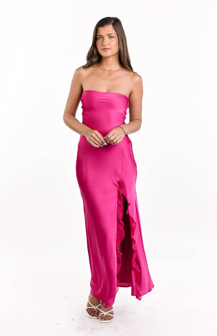 Mackenna Hot Pink Strapless Maxi Dress - US 6 | Beginning Boutique Exclusive Mackenna Hot Pink Strapless Maxi Dress - US 6 | Beginning Boutique Exclusive