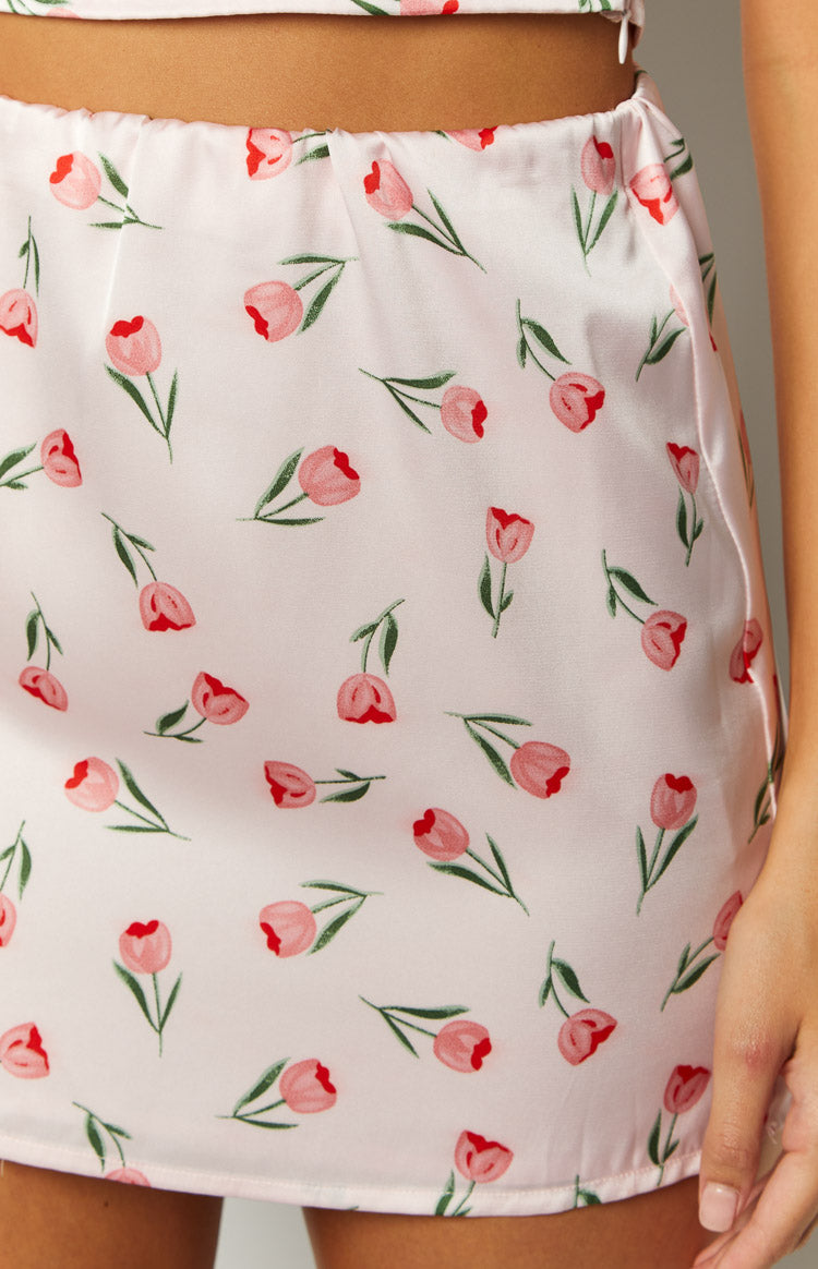 Maeva Pink Satin Tulip Print Mini Skirt Image