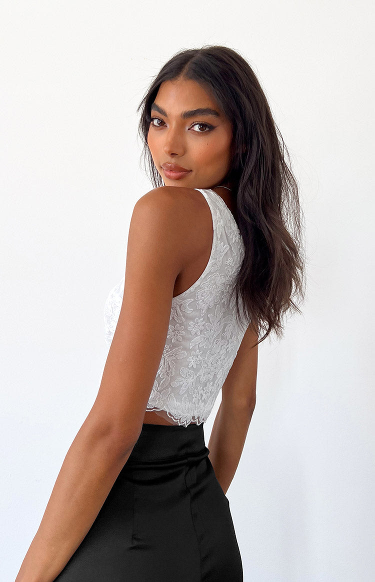 Maggie One Shoulder White Lace Crop Top Image
