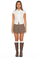 Brown herringbone pleated mini skirt with an A-line silhouette