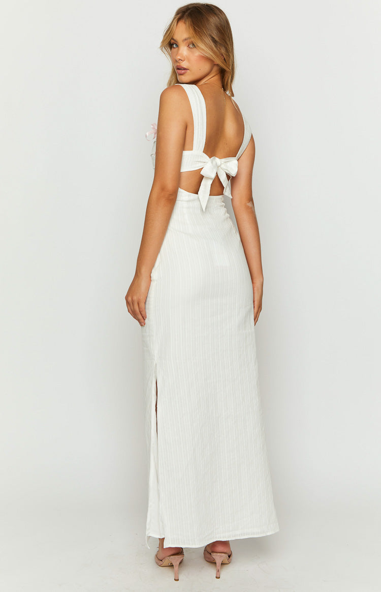 beginning boutique backless dress Magnus White Tie Back Maxi Size:0-3 Months adjustable tie back. _okendo:syndication_key:CL137008004 Sequin Backless Split Maxi