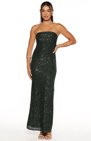 Full length view of an emerald green sequin strapless maxi dress with a fitted column silhouette