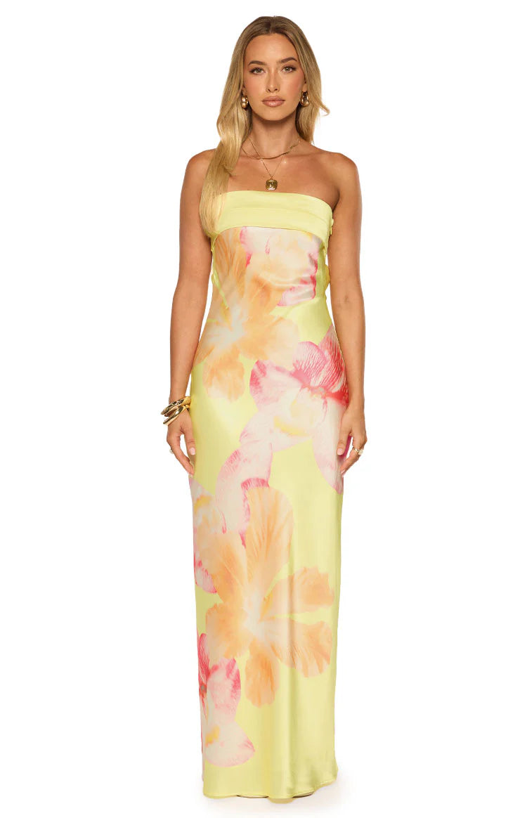 chinese dress ladies Maiah Yellow Hibiscus Floral Print Maxi Dress - US 10