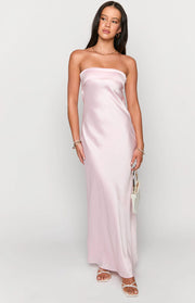 Light pink strapless satin maxi dress with a straight, flowing silhouette