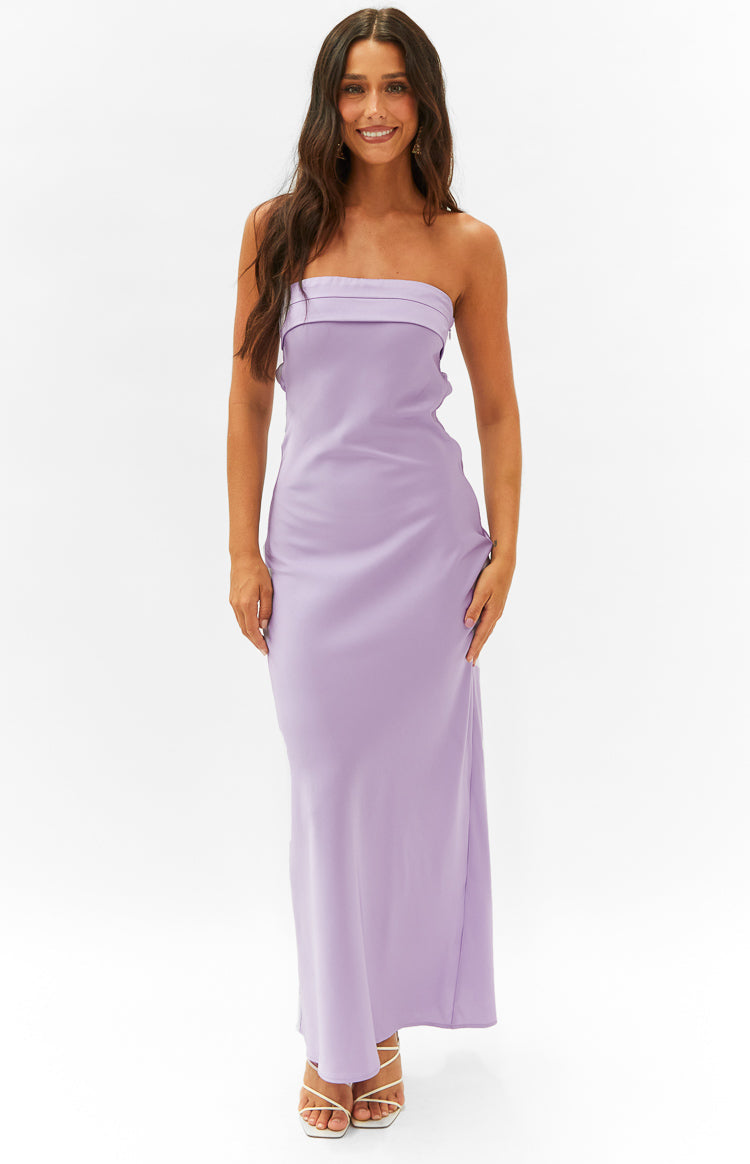 beginning boutique purple dress Rhea Purple Satin Strapless Maxi Dress - US 14