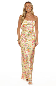 Yellow satin strapless maxi dress with a folded band neckline and all-over pink and orange floral print