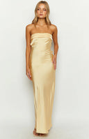 Beginning Boutique Maiah Yellow Maxi Dress pale yellow satin strapless maxi dress with a pleated bandeau bust
