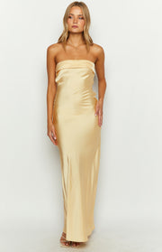 Front view of a yellow satin strapless maxi dress with a folded-over bust detail