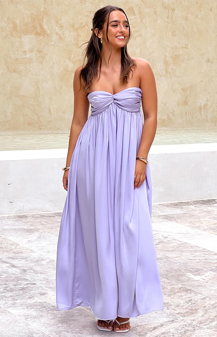 Beginning Boutique Maiana Lilac Strapless Maxi Dress lilac strapless maxi dress with twisted bust and flowy skirt