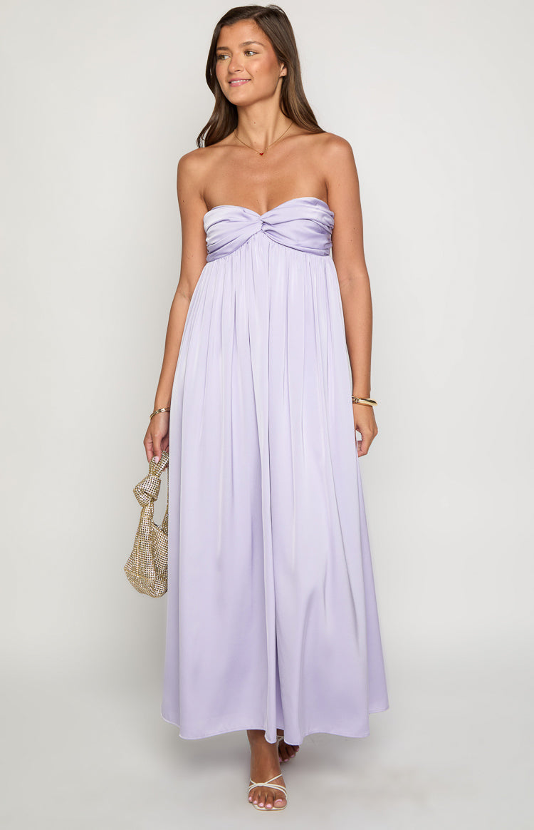 Lilac strapless maxi dress with a twisted bust and a flowy A-line skirt
