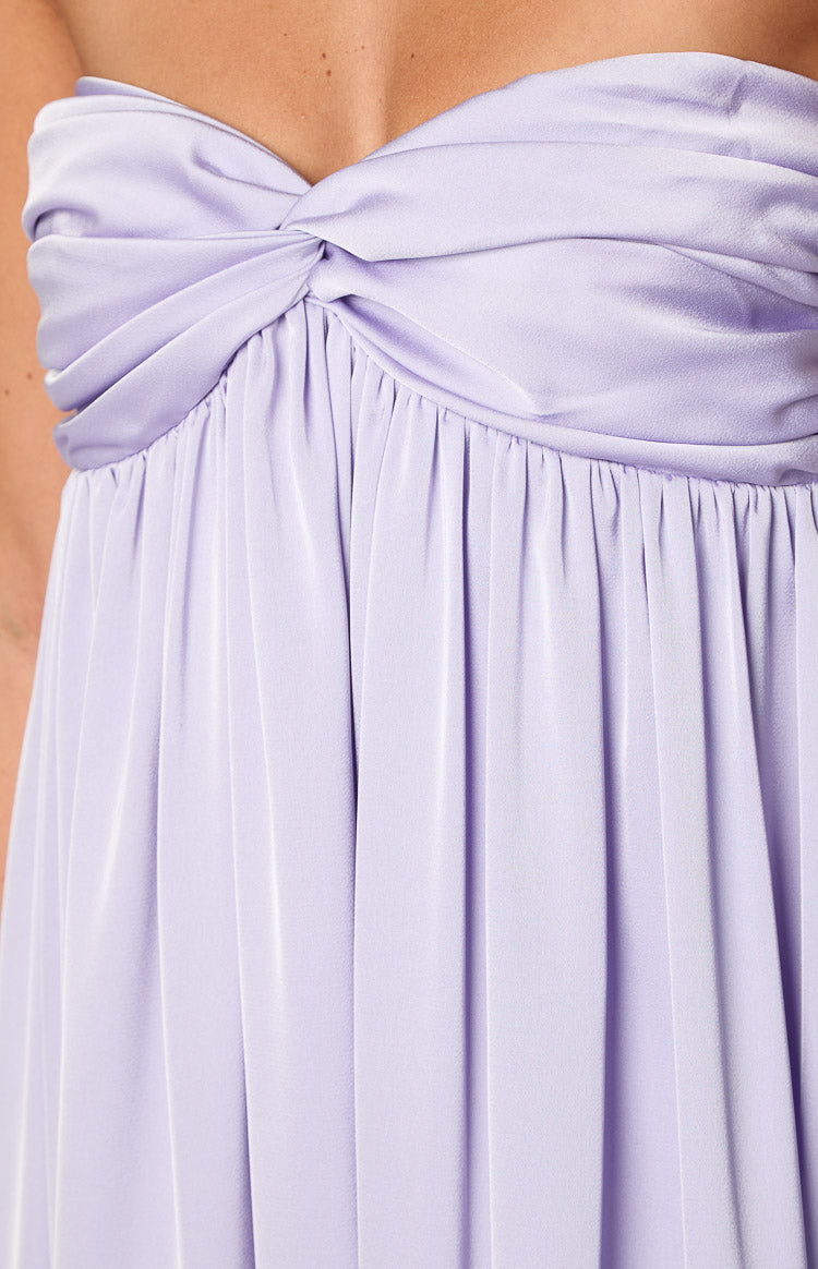 Close-up of the lilac strapless maxi dress bodice with twisted knot detail and gathered skirt