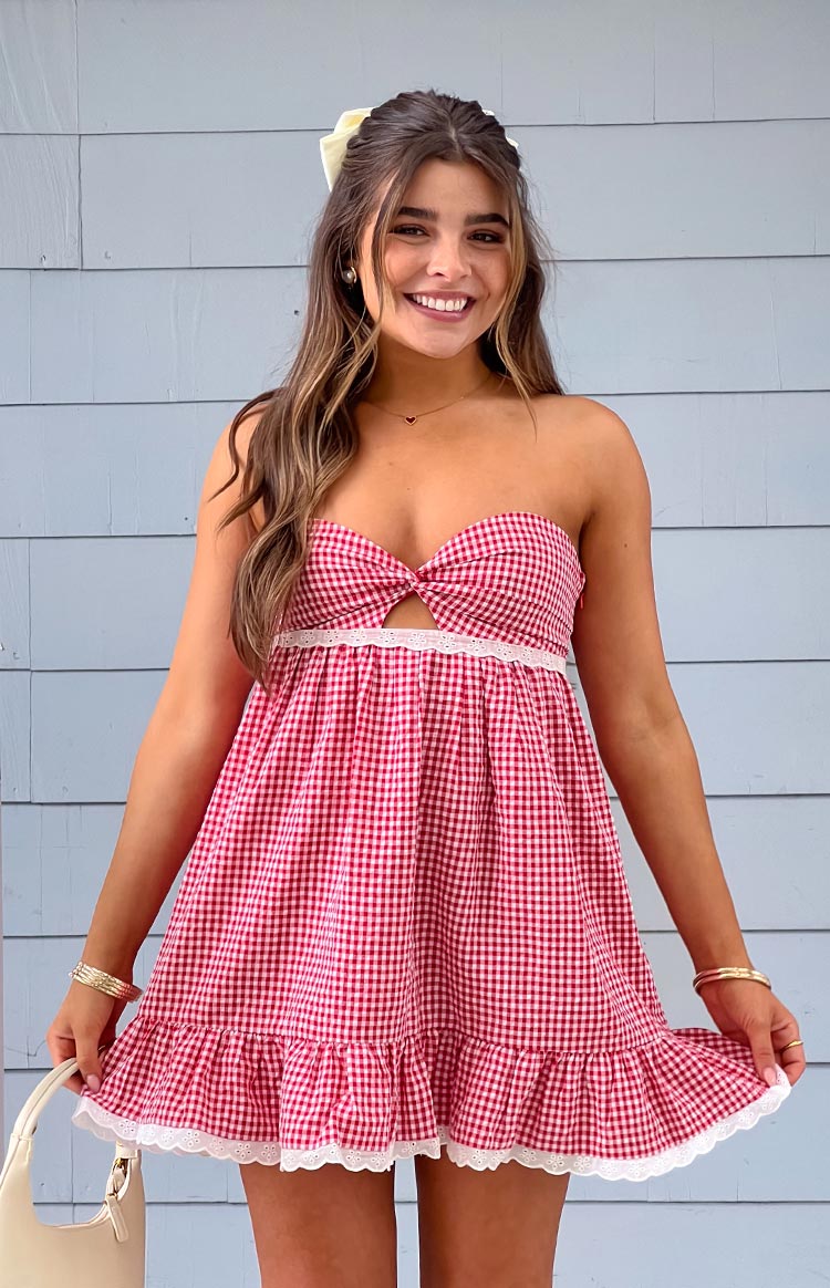 Maisie Red Gingham Strapless Mini Dress | Beginning Boutique US