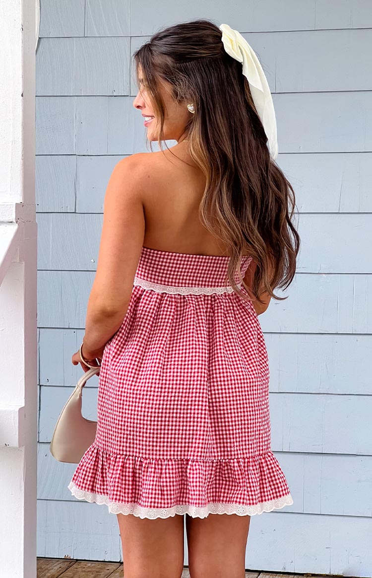 Rear view of a red gingham strapless mini dress with white lace trim at the waist and eyelet lace on the ruffled hem
