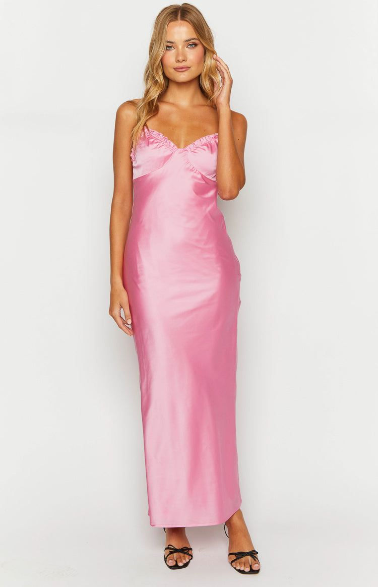 Mallory Pink Satin Maxi Dress – Beginning Boutique US
