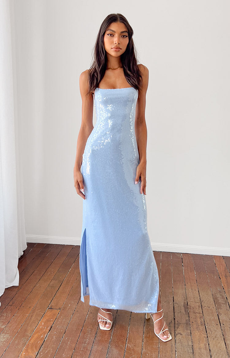 Manhattan Blue Sequin Slip Maxi Formal Dress Image