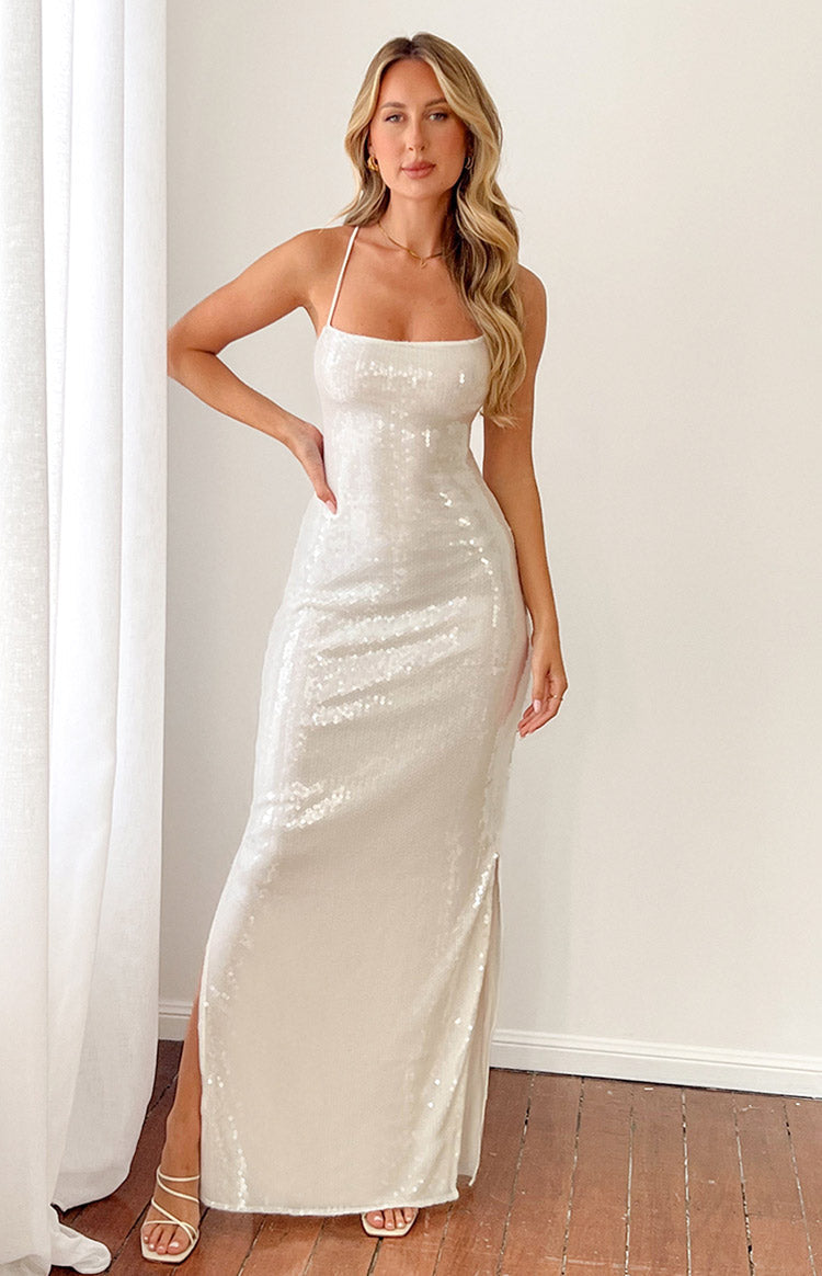 Manhattan White Sequin Slip Maxi Formal Dress – Beginning Boutique US