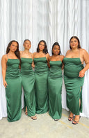 Emerald satin Manhattan Slip Formal Dress with low criss-cross tie back and high leg split