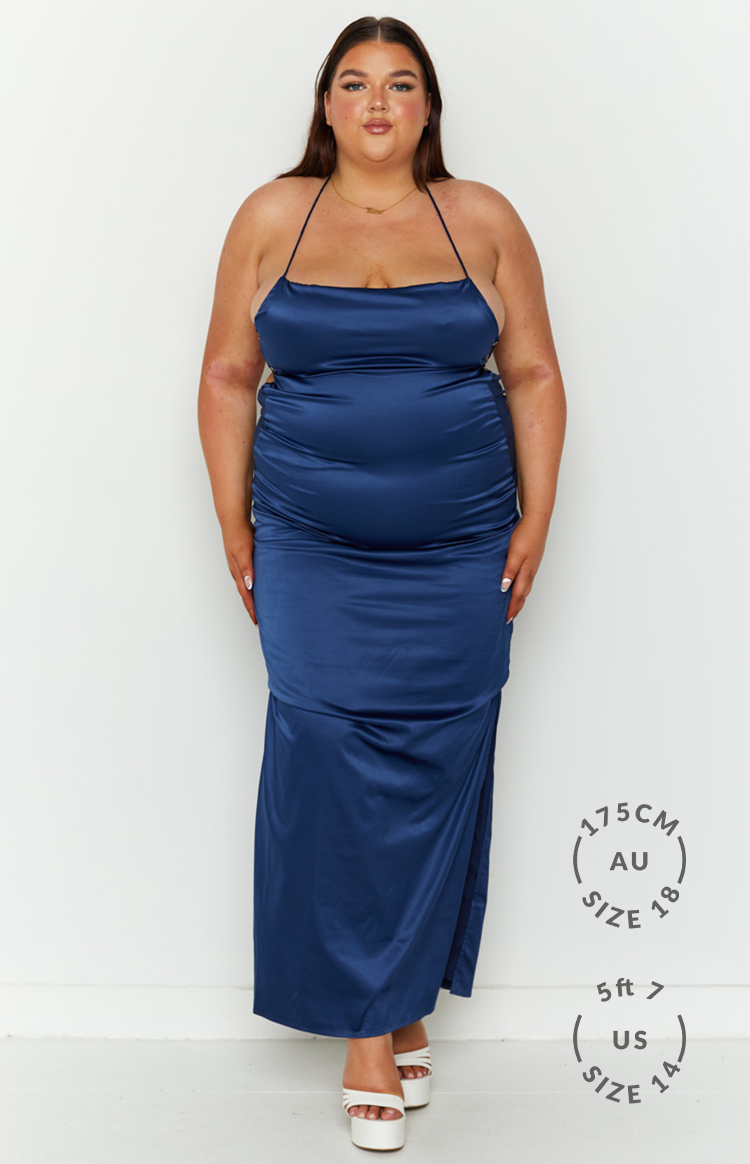 Navy satin floor-length dress with a low cowl back and thin criss-cross tie-up straps